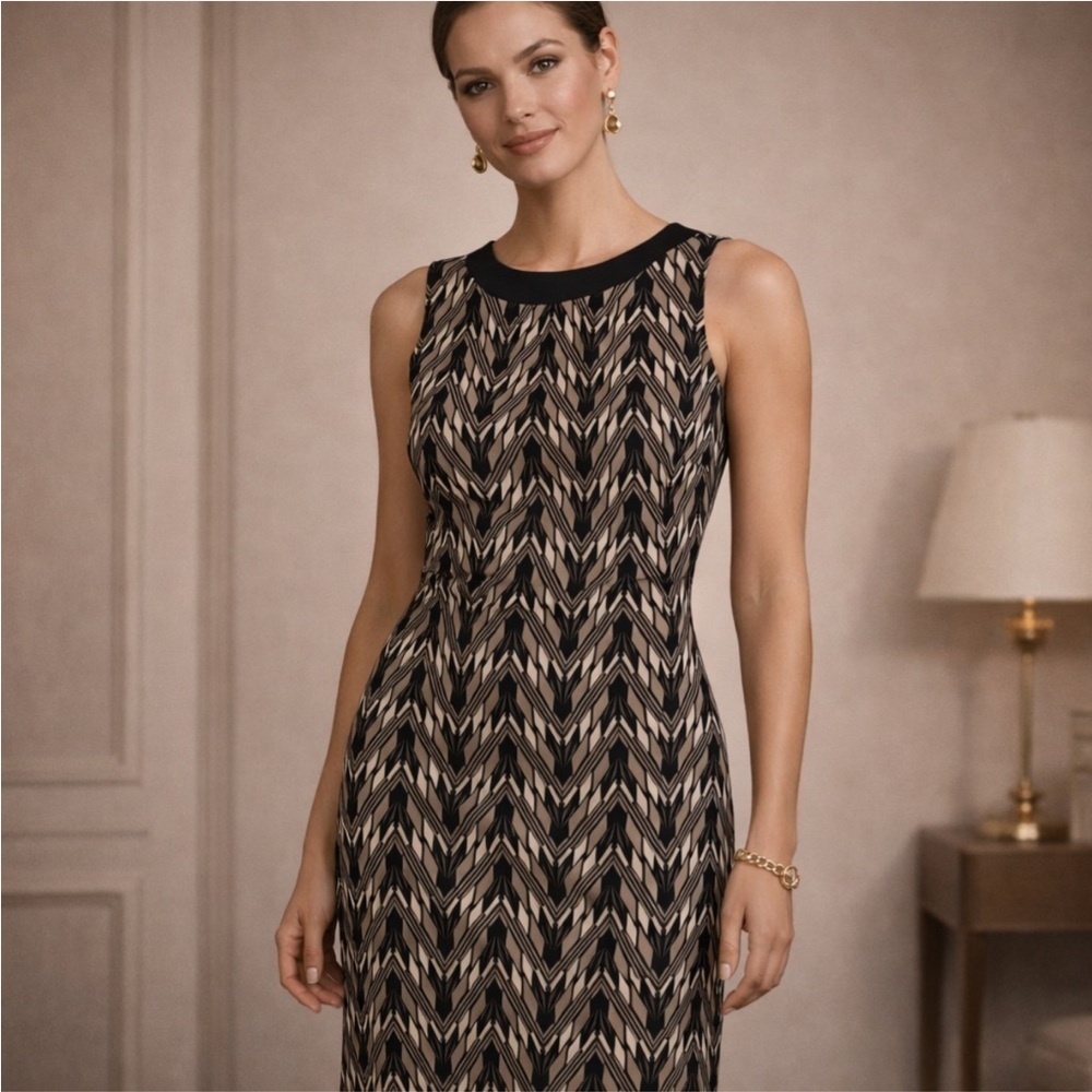 Vince Camuto Black Tan Chevron Sheath Dress Sleeveless Size 10